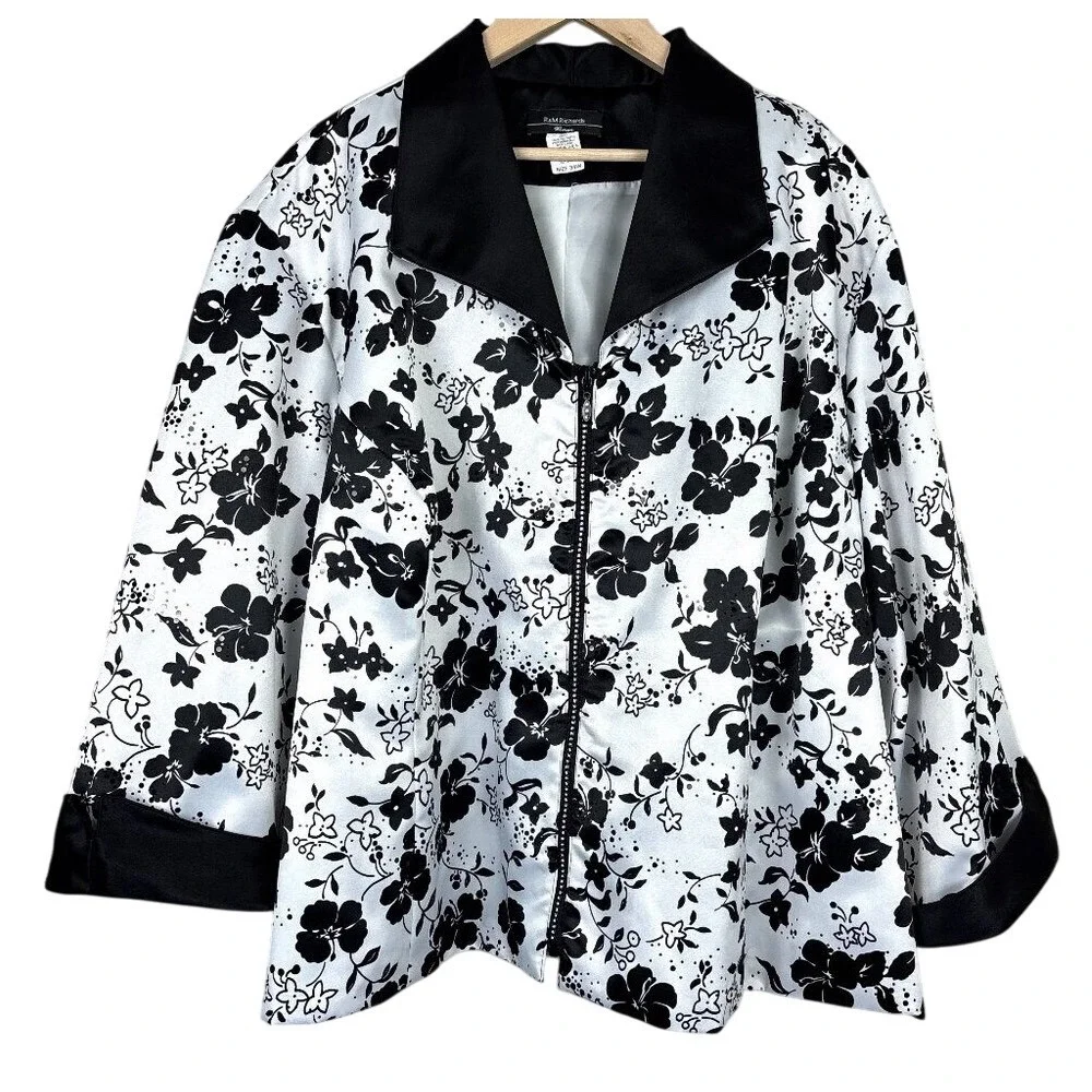 R&M Richards Woman Jacket 34W Black White Floral Zip-Up Sequins Special Occasion